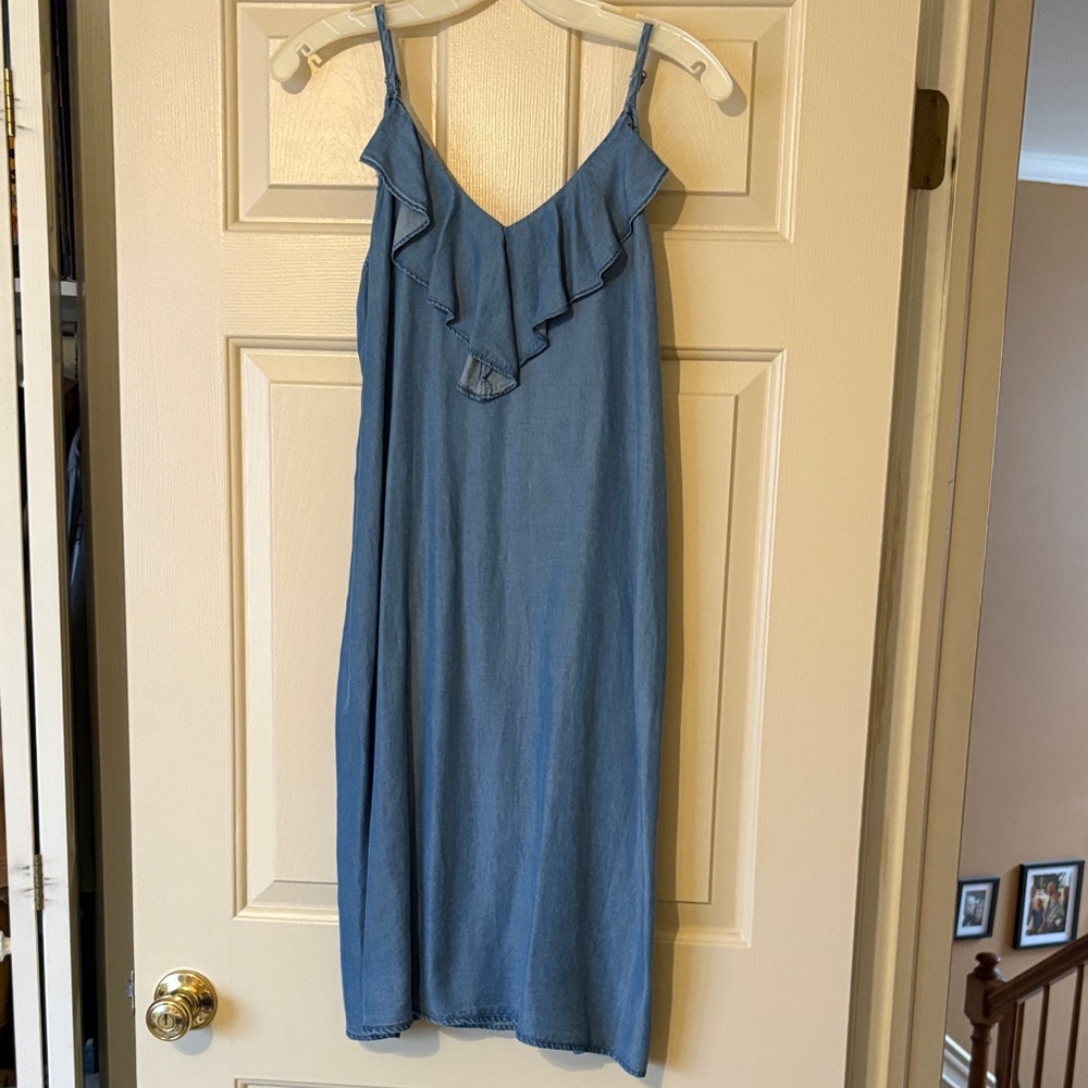 Denim-Blue Ruffle V-Neck Midi Dress with Adjustable Straps